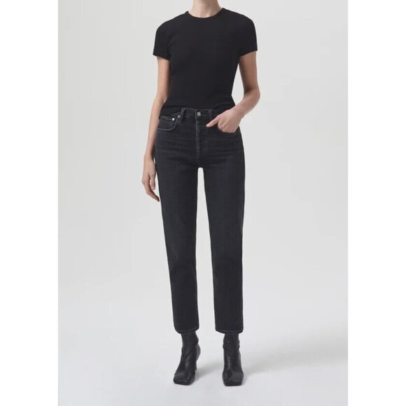 Agolde Denim - AGOLDE Stretch Riley High Rise Straight Crop Jeans in Washed Black Size 27